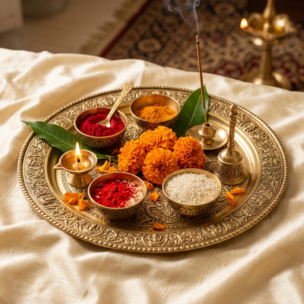 Intricately Carved Brass Pooja Thali
